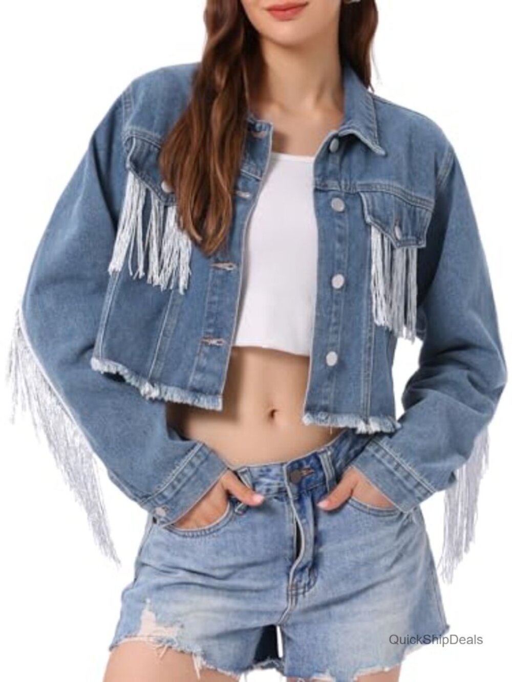 Cropped Fringe Denim Jacket Frayed Tassel Western Jean Coat Button Down